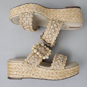 Sam Edelman Size 8M Cadance Sandals Natural Raffia Open Toe Embellished Wedge